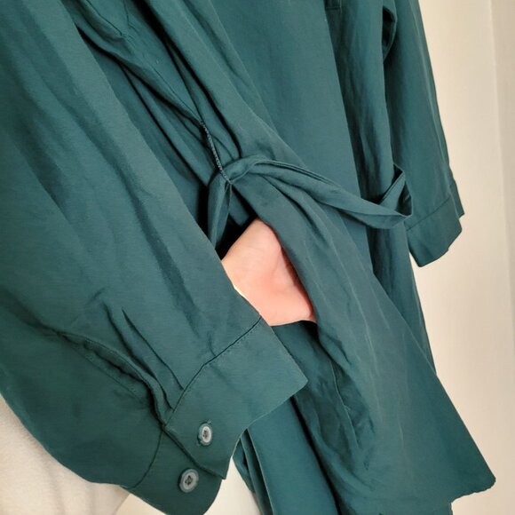Teal Green Long Sleeve Button Down Shirt Dress With Waist Tie 3X - Picture 9 of 10